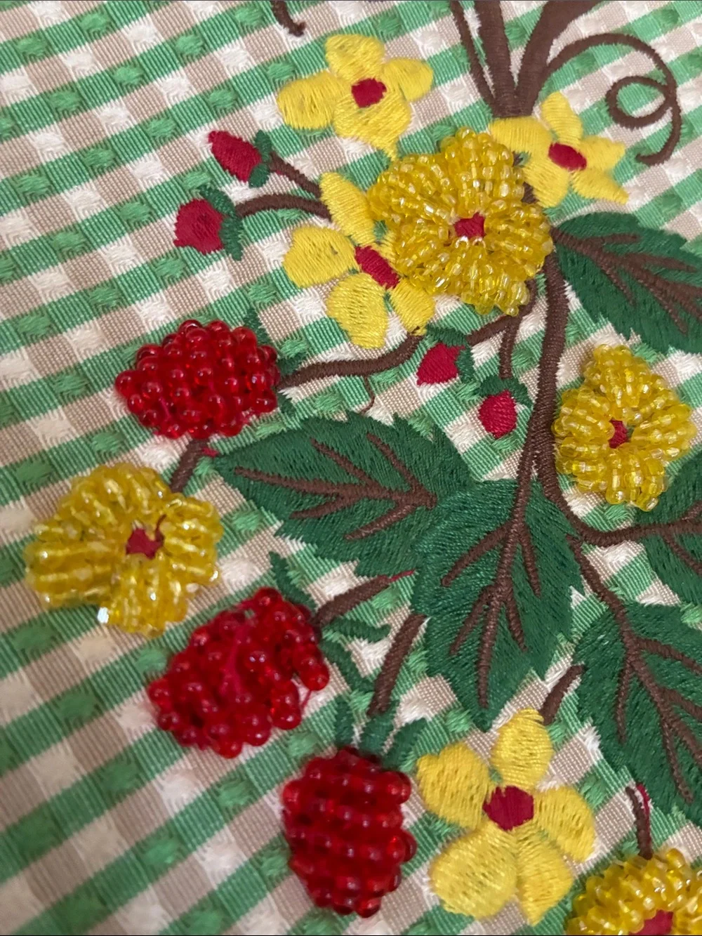 VINTAGE Isabella Fiore Red Leather&Green Gingham Bag w/ Floral&Fruit Embroidery